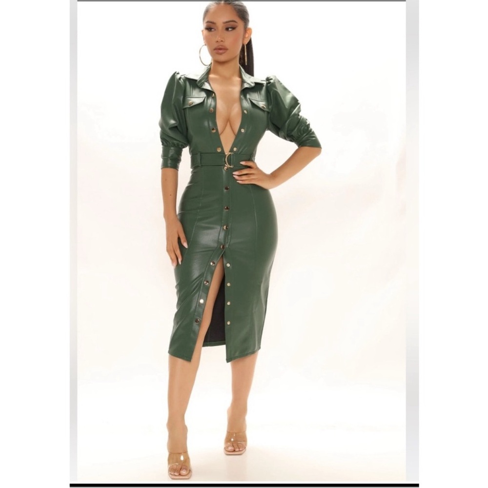 Fashion Nova Green Bodycon Midi Dress Puff Sleeves